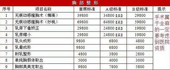 胸部整形價格，隆胸多少錢